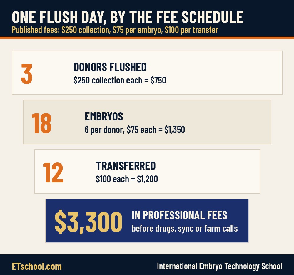 Funnel graphic showing one flush day: three donors, eighteen embryos, twelve transfers and about 3,300 dollars in professional fees