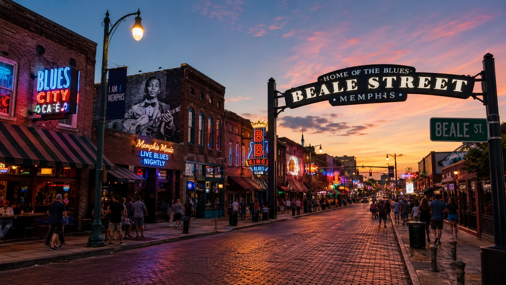 Beale Street at dusk with neon signs and the Beale Street arch, Memphis