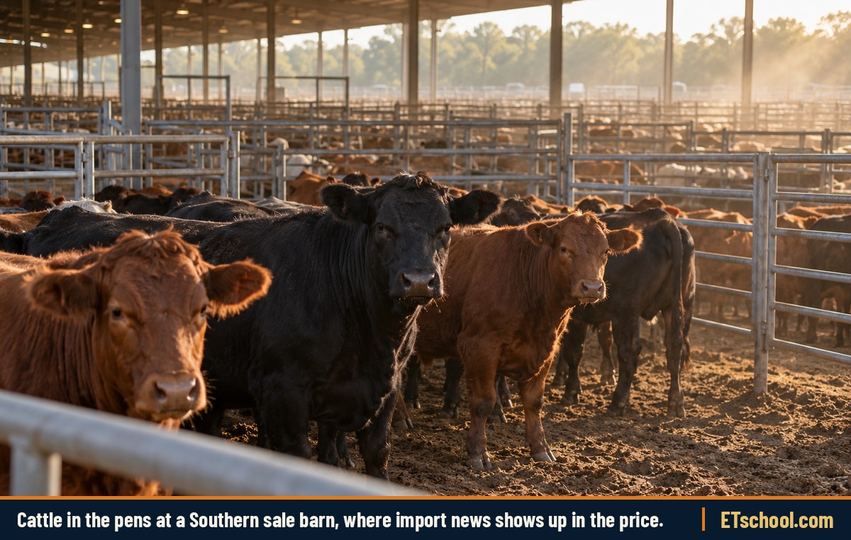 Black and red beef cattle standing in steel pens at a covered livestock sale barn in the Southeastern United States