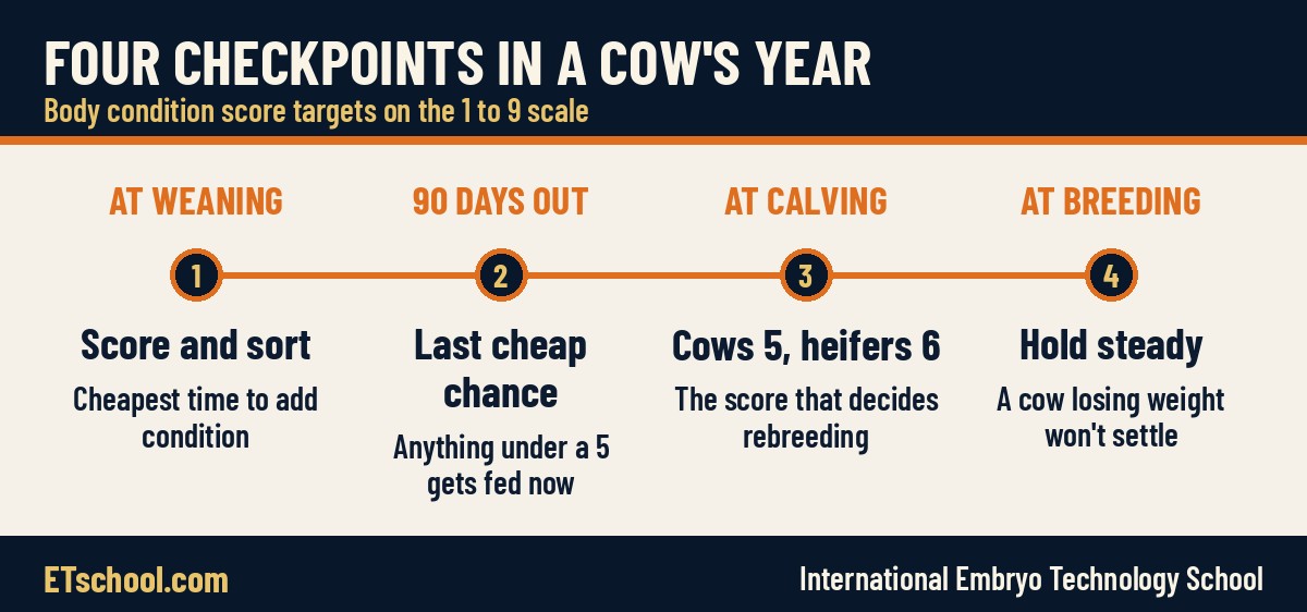 Timeline of the four body condition scoring checkpoints in a beef cow's year: weaning, 90 days before calving, calving and breeding