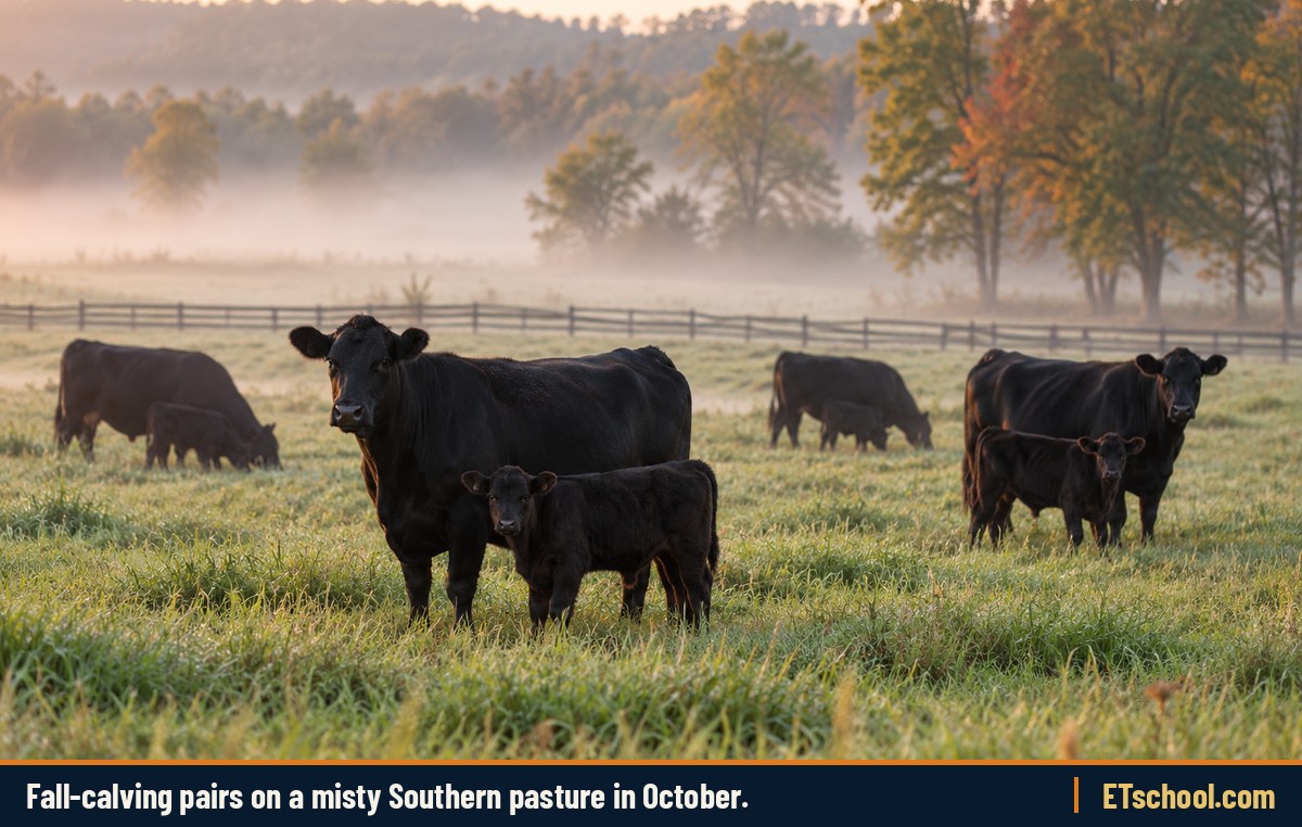 Black Angus cow-calf pairs grazing a misty Southern pasture in early fall