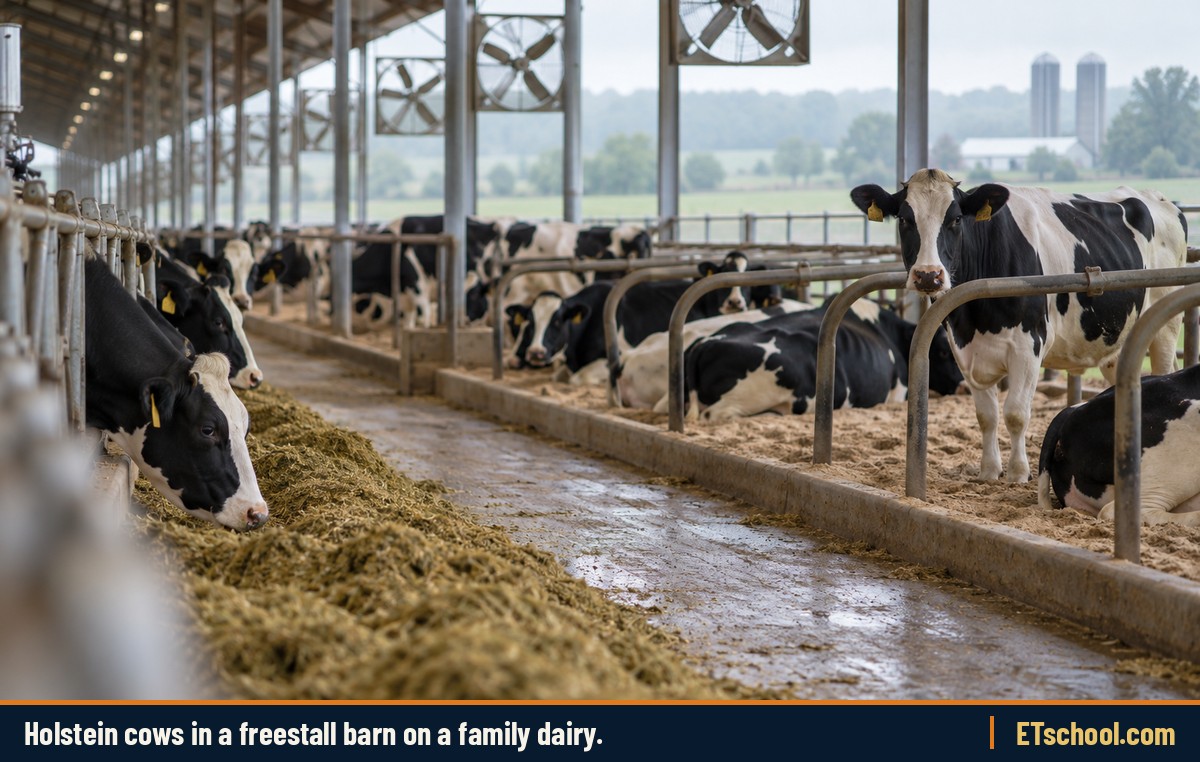 Holstein dairy cows feeding along a bunk in an open freestall barn