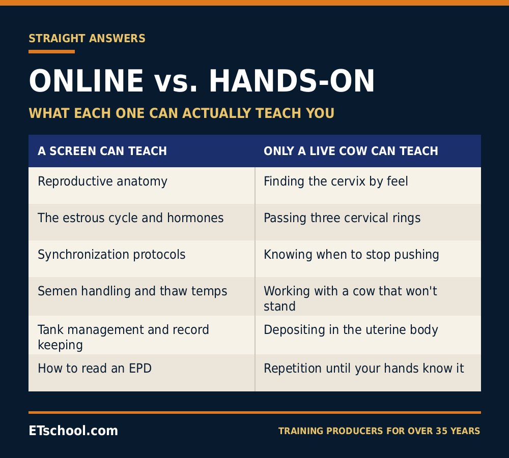 Table comparing what online artificial insemination training can teach versus what requires hands-on practice with live cattle