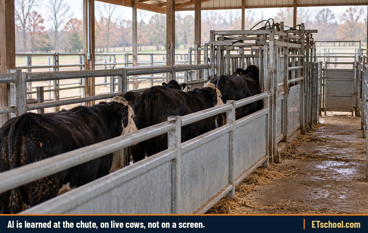 Beef cows standing in a covered working alley behind a steel head gate and palpation cage