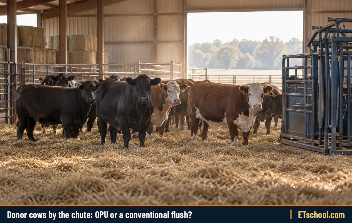 Black Angus and Hereford donor cows standing in a clean covered barn pen with fresh straw