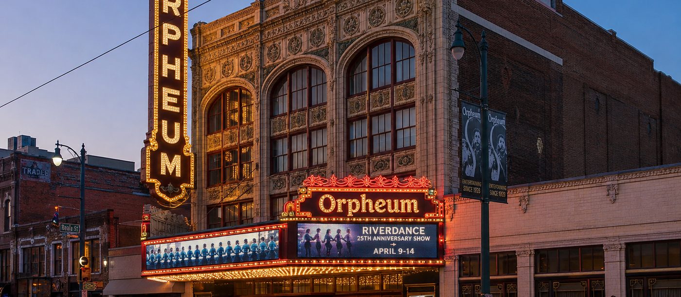 The Orpheum Theatre marquee and blade sign at dusk on Beale Street in Memphis