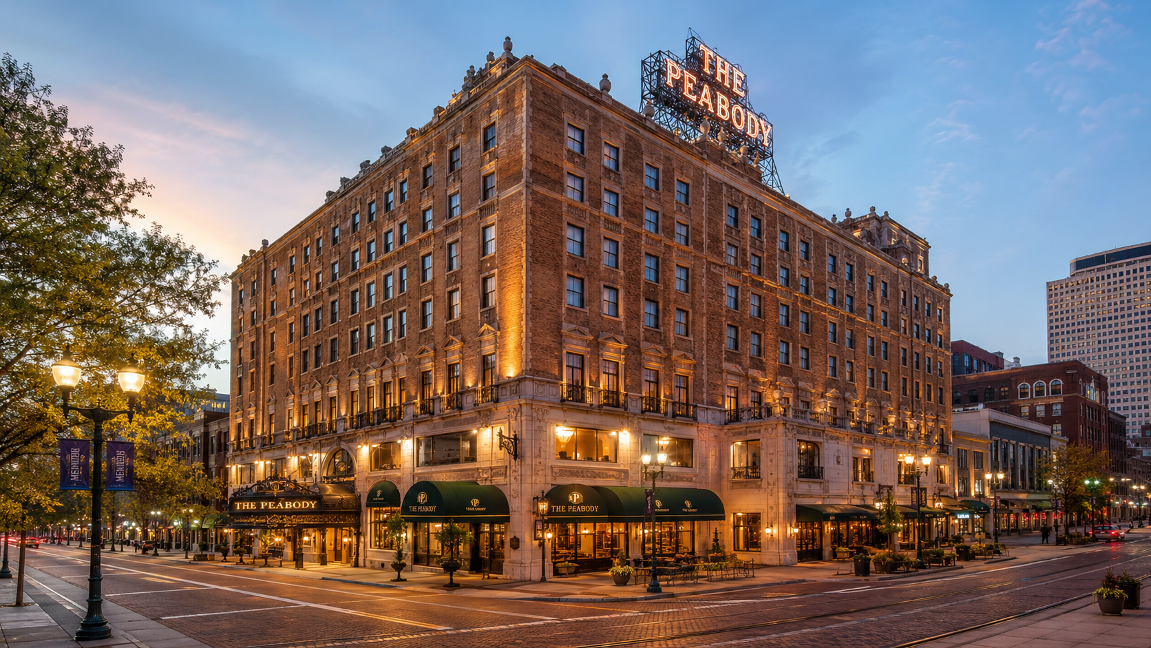 The Peabody Hotel exterior at dusk, downtown Memphis