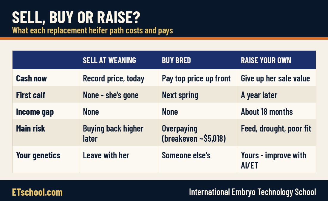 Comparison table of selling heifers at weaning, buying bred heifers and raising your own: cash, up-front cost, first calf and main risk