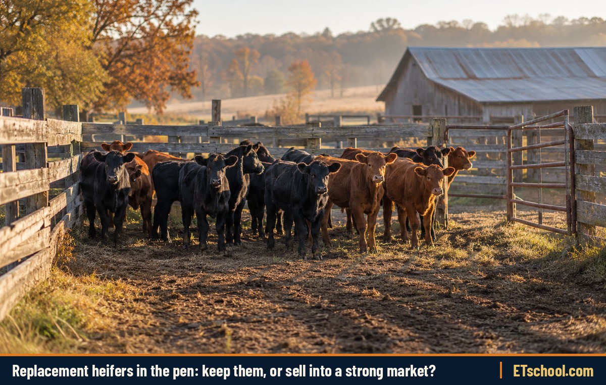 Weaned black and red Angus heifer calves standing in a wooden sorting pen on an autumn morning