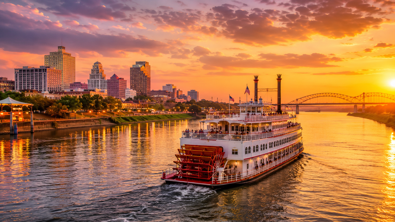 Paddlewheel riverboat on the Mississippi River at sunset, Memphis skyline in the background