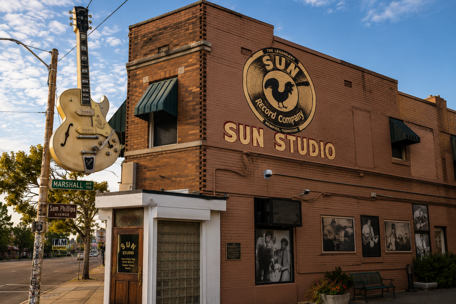 Sun Studio storefront with rooftop guitar sign, Memphis