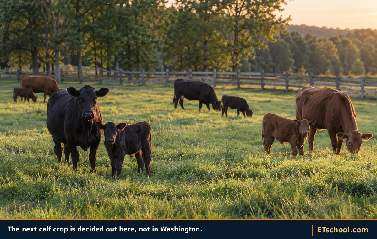 Cow-calf pairs grazing late-summer pasture in north Mississippi in evening light