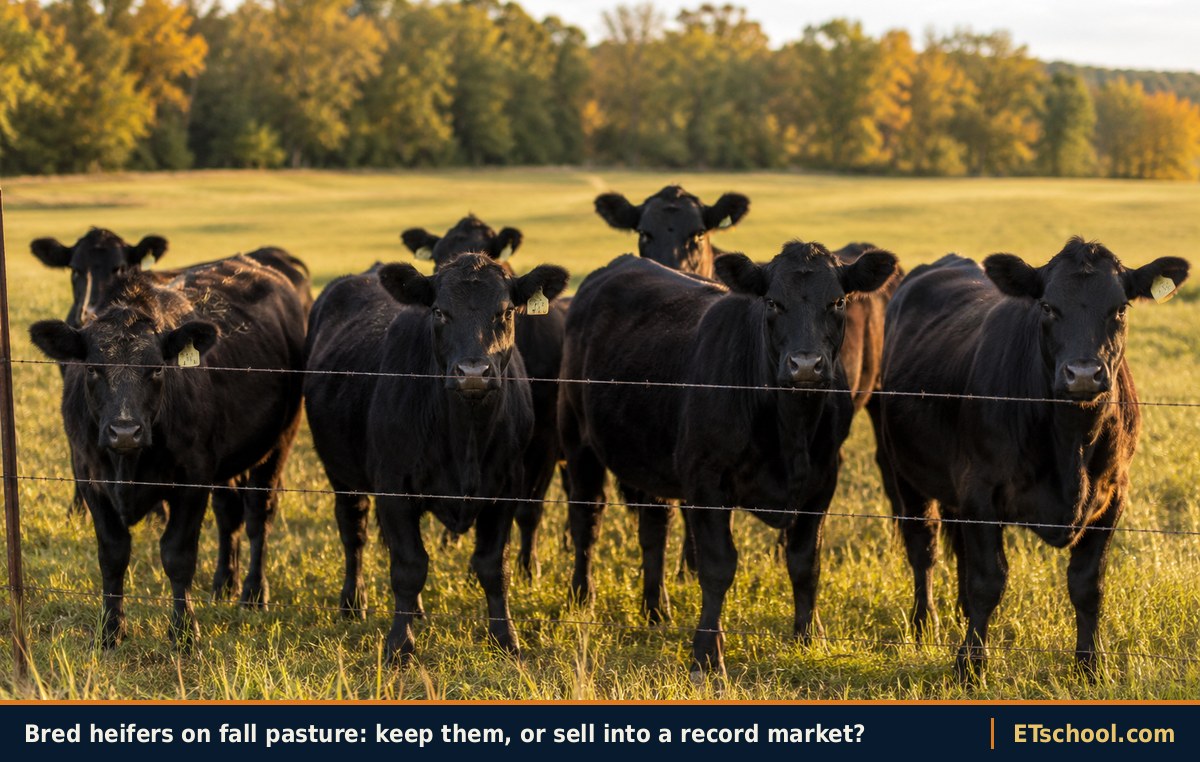 Young Angus replacement heifers at a pasture fence in autumn light