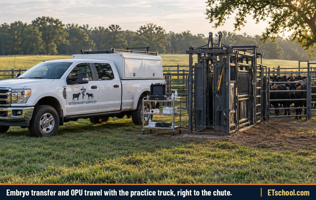 Veterinary truck parked beside a cattle working chute with Angus cows in the pen on a Southern farm
