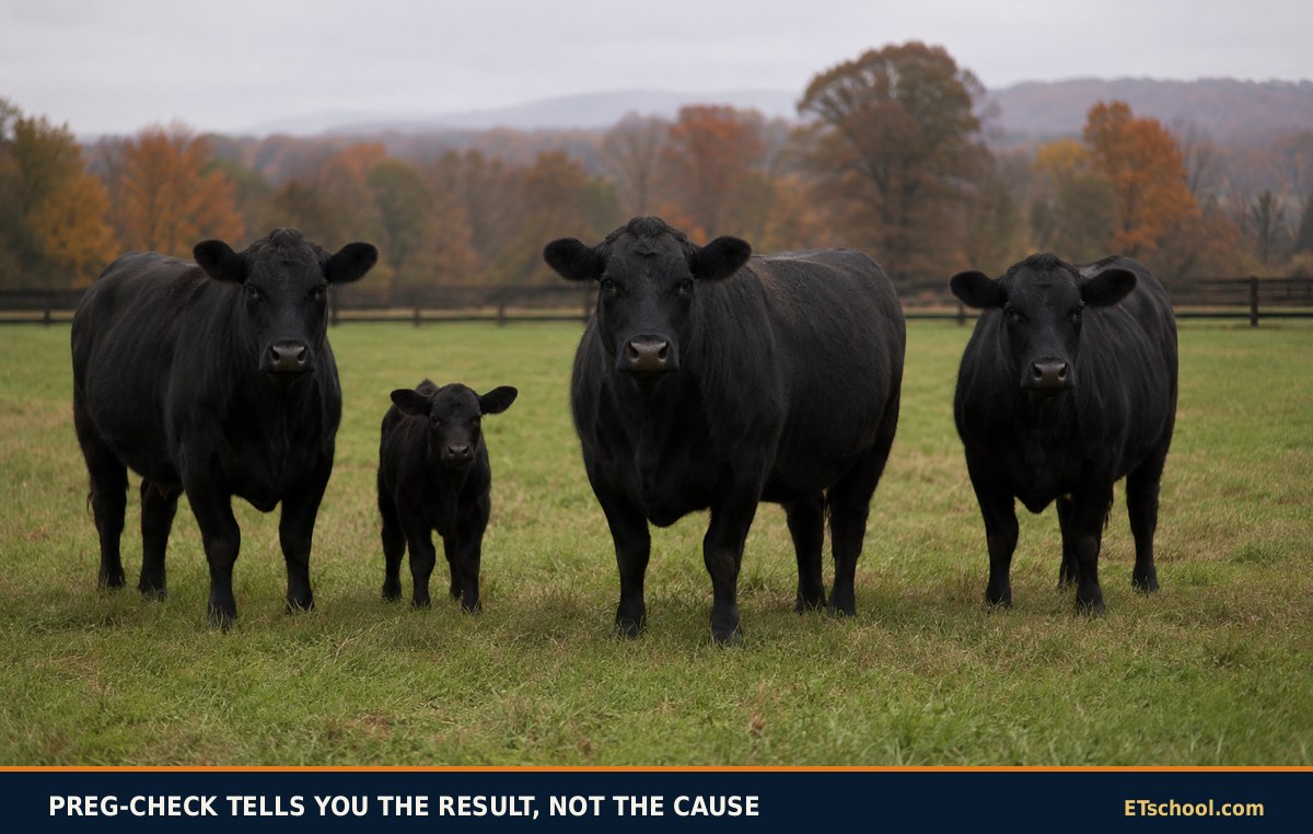Black Angus cows and a calf standing in an autumn pasture on an overcast morning