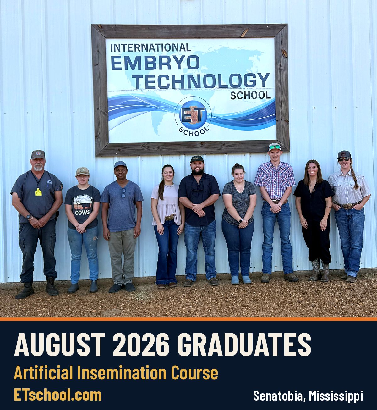 Bovine Artificial Insemination Course graduates, August 2026, at the International Embryo Technology School training facility in Senatobia, Mississippi