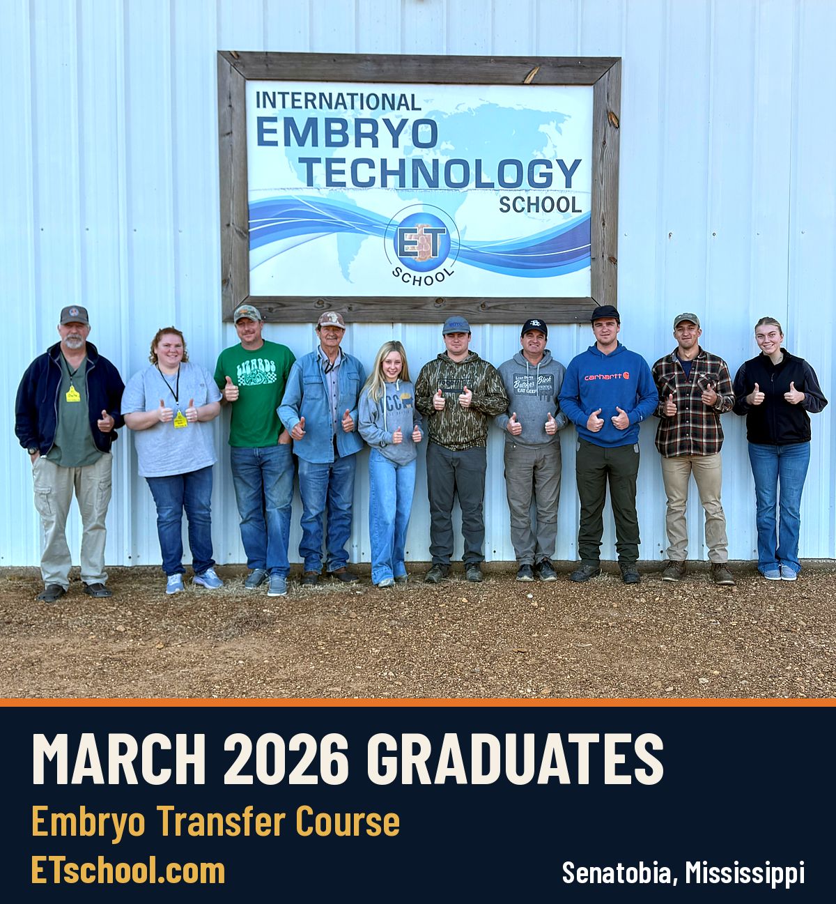 Comprehensive Bovine Embryo Transfer Course graduates, March 2026, at the International Embryo Technology School training facility in Senatobia, Mississippi