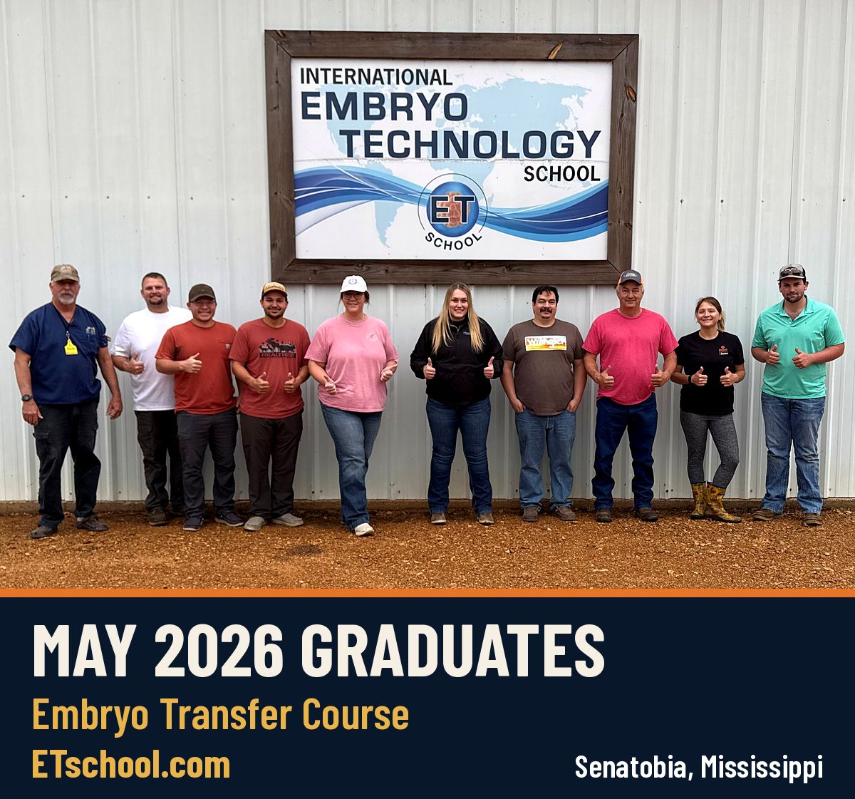 Comprehensive Bovine Embryo Transfer Course graduates, May 2026, at the International Embryo Technology School training facility in Senatobia, Mississippi